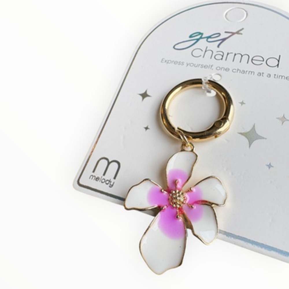 Melody Women's White Pink Gold Floral Enamel 2.5" Key Chain Charm